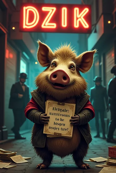 Make a movie poster which contains a boar which is sending invitations. Movie title Dzik & Illegal invitations
