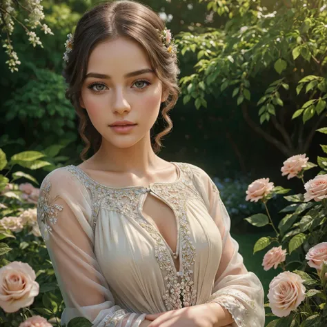 a young girl in a beautiful garden, beautiful detailed eyes, beautiful detailed lips, extremely detailed eyes and face, long eyelashes, intricate floral dress, elegant pose, natural lighting, vibrant colors, cinematic composition, fantasy landscape, photor...