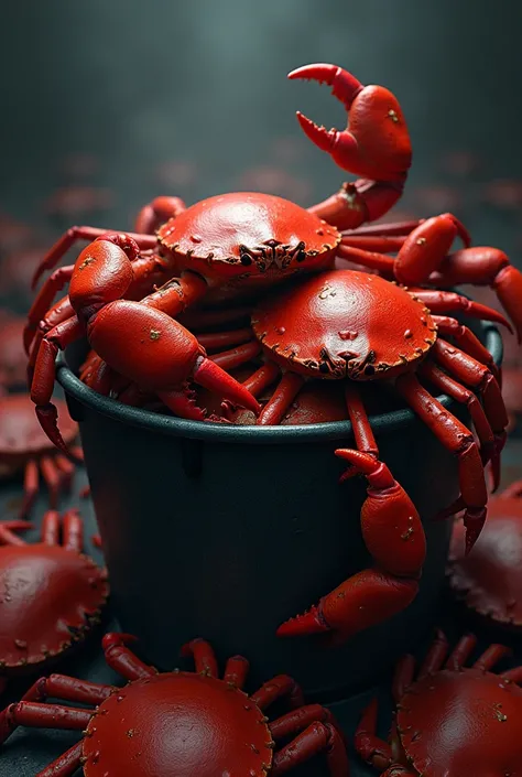 "A bucket filled with red crabs. One crab is trying to climb out of the bucket, while several others are pulling it down, preventing it from escaping. The scene is dramatic, with a dark background to highlight the struggle. The crabs are detailed, showing ...