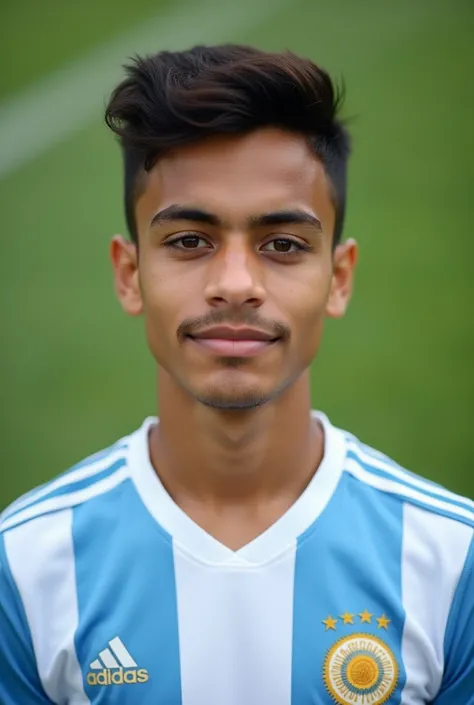 A boy 20 years old his name is Salauddin Ahmed wearing a Argentina T shirt.  Beautiful blur green background. 