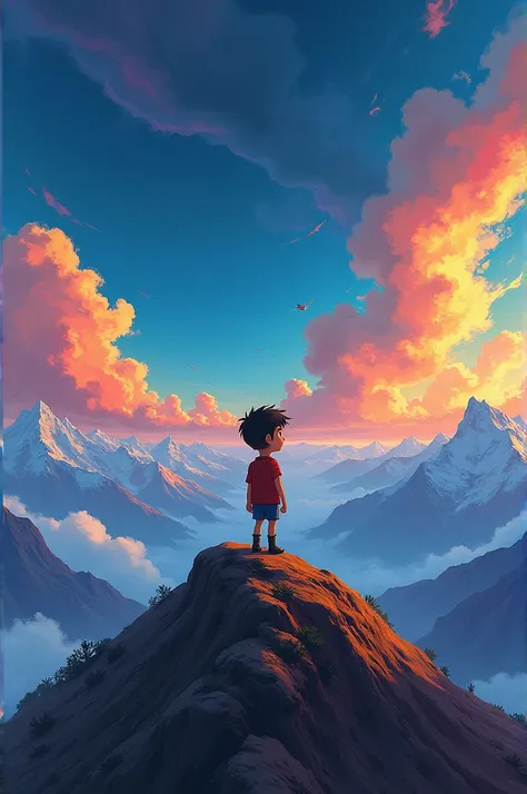 2. **Luca Discovering the Darkness**: At the mountain peak, Luca looks up with a worried expression as a creeping darkness begins to overtake the colorful sky he has painted. The contrast between the vibrant colors he painted and the encroaching shadow cre...