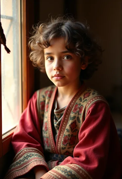 A close-up photograph of a young Rifian person with light brown eyes and brown; light skin hair, wearing traditional Amazigh attire. They are sitting by a window, with soft, warm sunlight streaming in and highlighting the intricate patterns of their clothi...