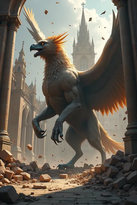 Griffon、A legendary creature with the body of a lion and the head and wings of an eagle、Destroying a sacred church, a World Heritage Site、Scattering Blocks、The block is shaking