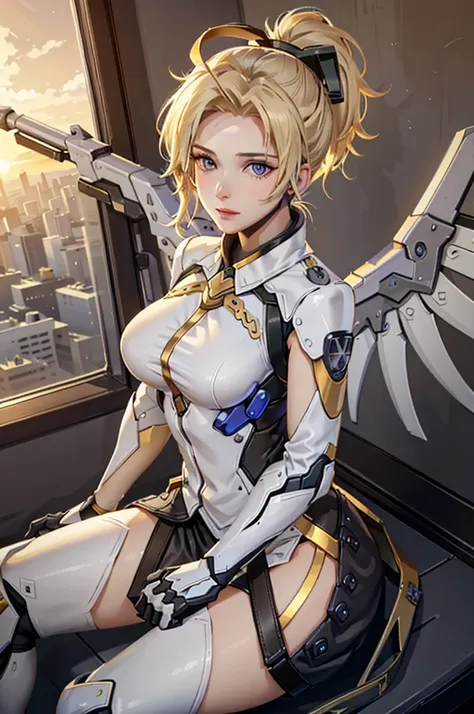 mercyover, 1girl, mercy (overwatch), mechanical wings, mechanical halo, solo, blonde hair, wings, blue eyes, halo, staff, yellow...