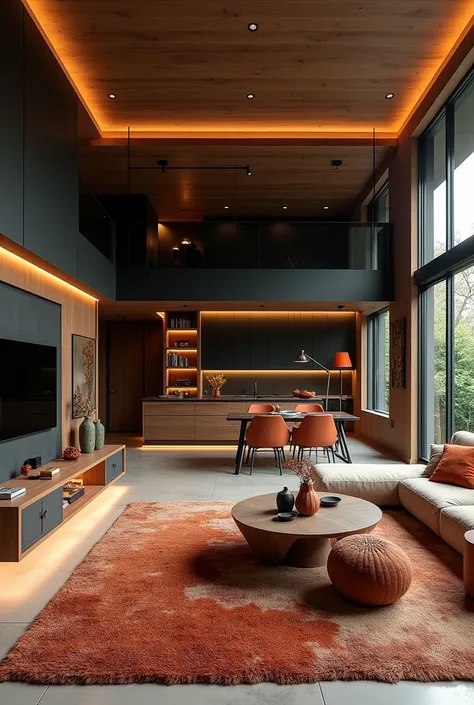 TV room and dining room integrated with kitchen in black, wood and specific decoration and furniture items in terracotta and green colors, with strategic lighting and large carpet 