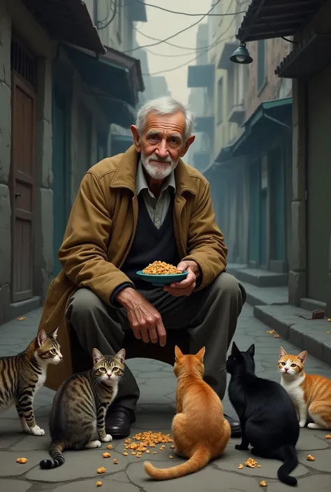 The old man give food to the cats on road ai portrait image