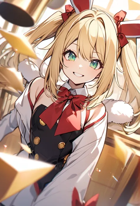 Blonde hair, pigtails, red ribbon, green eyes, smiling face,  bunny ears