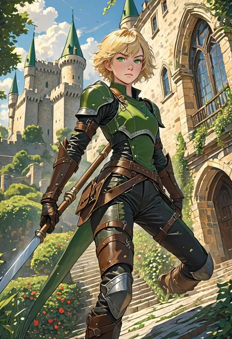 Illustration, detailed illustration, ultra detailed, best quality, dynamic angle, femboy, attractive, short blonde hair, green eyes, light freckles, leather armor, castle, carrying scythe, (male:1.3)