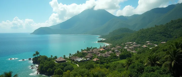 Village from ancient Ternate island, Maluku, Indonesia, beside a ocean and Ternate mountain, there is no peoples, hyper realistic, masterpiece, best quality, ultra-detailed, UHD, 64K