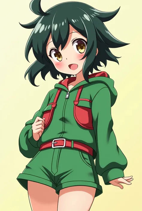 YOU COULD CREATE A CHARACTER WITH ANIME AESTHETICS THAT HAS BLACK HAIR WITH DARK GREEN SPIKED UP, A WELL-DEFINED FACE THAT TRANSMITS INNOCENCE, KINDNESS, LIGHT BROWN EYES, OUTFITS: GREEN JACKET WITH RED DETAILS AND GREEN SHORT SHORTS WITH BELT