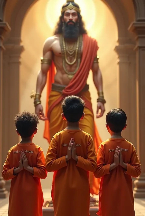 3 friends with folded hands in front of Hanuman ji, one handsome boy named Sanjay and on his chest it is written Sanjay and on the chest of 2. it is written Arun and on the chest of 3. it is written Shyam