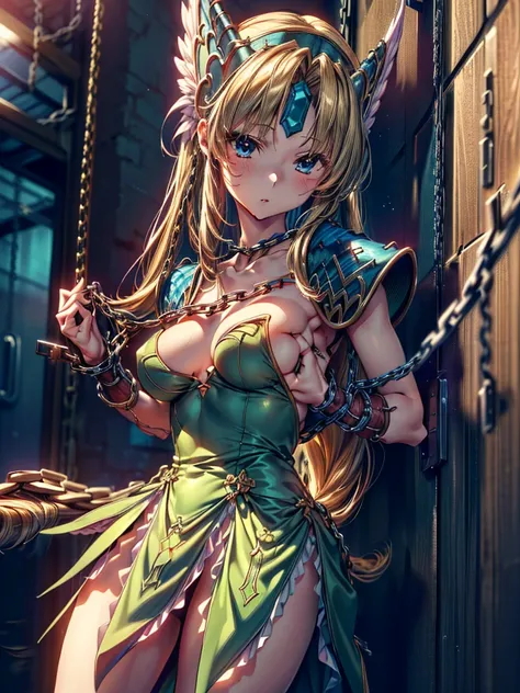 (masterpiece, Highest quality:1.2), Cowboy Shot, alone, one person, Riesz,  View your viewers,, Long hair tied low, Winged Helmet,green dress, armor, shoulder armor, Bridal Gauntlet, Cleavage,(In a prison with iron bars:1.4),(The whole body is restrained w...