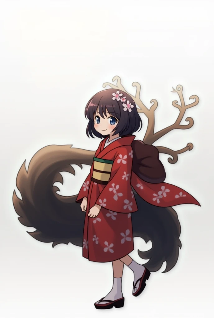 (finely best quality illustration:1.2), (kawaii girl:1.0), (1girl, solo:1.0), (black short hair:1.0), (red kimono, tsubaki pattern:1.0), (smile:0.6), (fullbody:1.0), (ultra-detailed, highres:1.0),