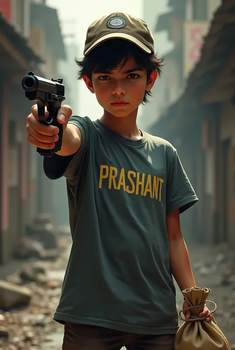 A boy wear  prashant name tshirt and wear a cap on head and putting a pistol in our right hand and  pick a bag of money in left hand