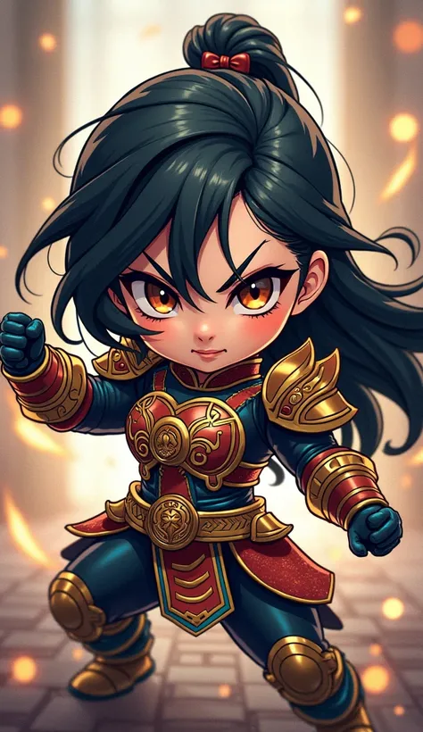 The chibi model is a cool manga-style illustration doll of a girl, wearing a high-tech Thai-style armor. The armor should combine elements of traditional Thai warriors with futuristic technology. It features intricate Thai patterns, such as lotus and scale...