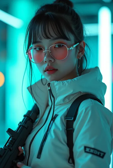 a beautiful young Caucasian woman is wearing metal for the futurist, cyberpunk, futuristic technology, and girls holding weapons in dazzling colors, wearing science fiction glasses, in the style of yuumei, light turquoise and light silver, waist shot, 8k r...