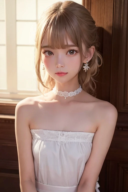 masterpiece、Highest quality、8k、Absurd、 (Upper Body:0.8)、Nudie Princess Dress、(milk:1.2) White-haired beautiful girl、choker、Earrings、Bangles、Cute face、Viewer&#39;s Eyes、smile、Ultra-realistic、High resolution、photograph、Film Grain、chromatic aberration、Sharp F...