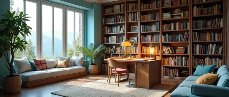 A reading room like this :
- many books in a big book shelf
- walls colour is light blue
- a study table and lamp on the table
- soft rug on the floor and some pillows
- a big window
- a small plant in the corner
- a cazy bed for sleeping