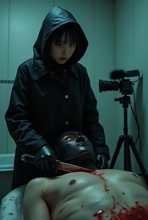 korean girl, (behind stiff, holding knife), leather balaclava mask, black leather gloves, bath room, black raincoat, hood up, holding knife, leather gloves, woman on top, behind cadaver, looking at viewer, blood splatter, night, mass murderer, killer, shor...