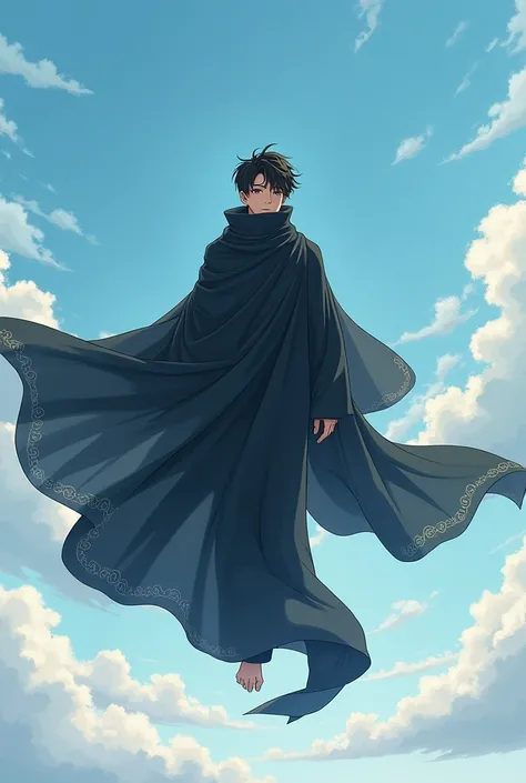 A cute college boy full body and face cover the black cloth, cloth stil in chinese ,fly in a sky, in anime, for whatapp profile 