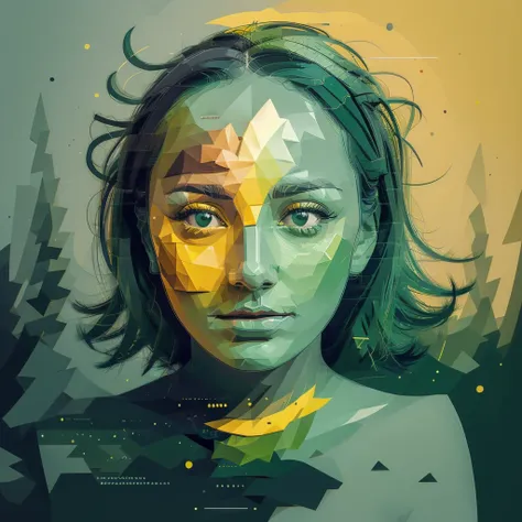 artist, 2D, mostly using color code dark green and mustard palette, dark gray green, dark green mustard pastel color, using very little dark green warm colors with tonal combination With green and mustard color, particle face, the face should be geometric ...