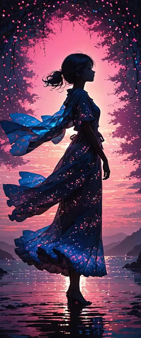 The image depicts a silhouette of a girl standing against a stunning sunset background. The sky transitions from a deep pink near the horizon to a deep blue as it ascends. The figure appears to be enveloped in a series of tiny glowing fairy lights, some of...