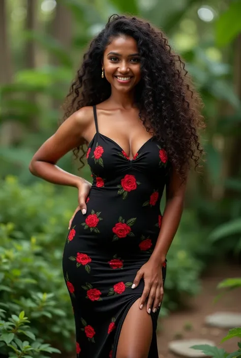 A beautiful sri lankan lady with curly long voluminous hair, tan and clear skin, has hourglass body shape , wearing a beautiful flower bodyconn dress, happy, standing in a beautiful nature can clearly see hourglass bodybshape, eye catching beauty..i need t...