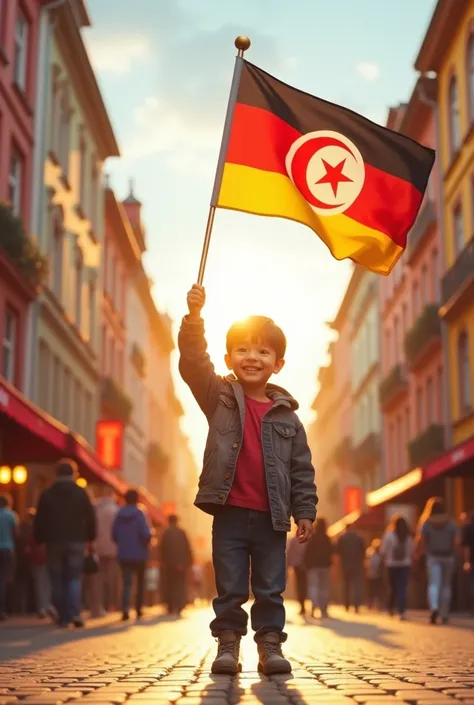 A child standing in the center of Duisburgs city holding a pole with a small Tunisian flag and a small German flag. The child is smiling, and the background features the vibrant architecture and lively streets of Duisburg. The scene is set on a sunny day, ...