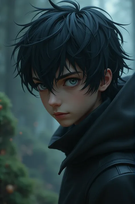 A handsome black haired boy with grey eyes looking at the exoector with a hunter look, that something mysterious is noticed