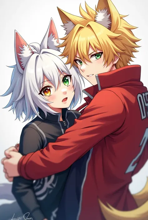 Two Anime characters, one with white hair, Green and yellow eyes, heterochromia, and star-shaped iris, and a man , your brother , with blonde hair, wolfs ears, red jacket, black jersey, and a wolf&#39;s tail.