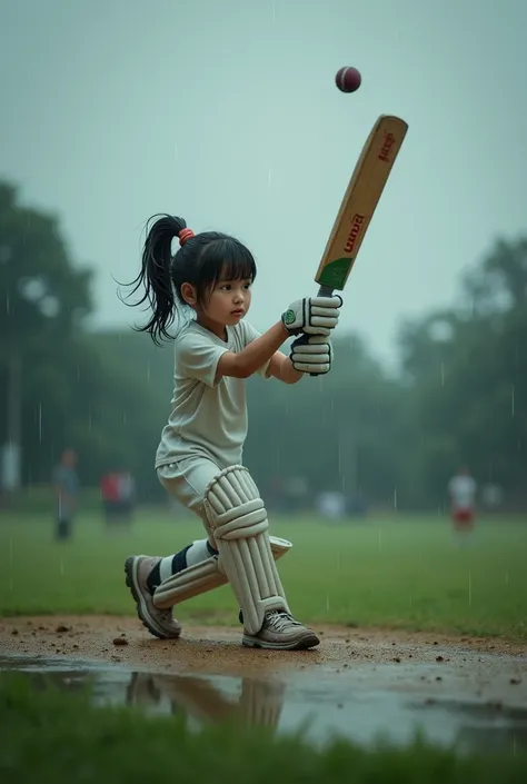 A girl 
playing cricket on a rainy day and hitting six
