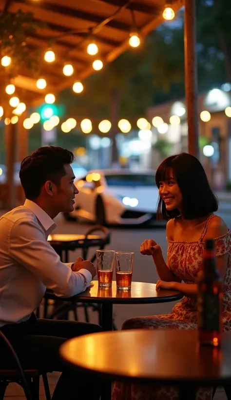 Beautiful evening atmosphere in an outdoor cafe, seorang pria tampan indonesia rambut rapih tersenyum face is clearly visible memakai tshirt duduk disebuah kursi cafe outdoor bersama seorang wanita indonesia cantik tersenyum rambut shagy bob tersenyum mema...