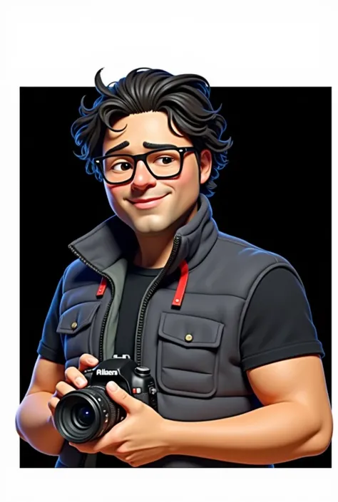 Cartoon character of a man with black glasses, Dark brown curly hair and a black shirt, half round face, camera in hands, animation character, stylized character, animation style rendering, 3D stylized(pixar style) (master part:1.2) (bokeh) (Best Quality) ...