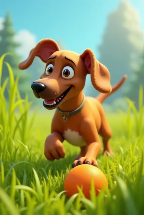 Adult brown Rhodesian Ridgeback female dog with left ear up playing in the grass with a toy ball like Pixar Up
