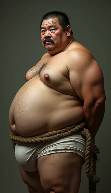 Photorealistic middle-aged obese Japanese male、Single eyelid、50th Generation、Metabolic、Short black mustache、Short black buzz cut、Square face、whole body、Fat-laden muscle bear、Homosexuals、Full Body、Fat and hulking、Thick, short legs with muscle and fat、Short,...