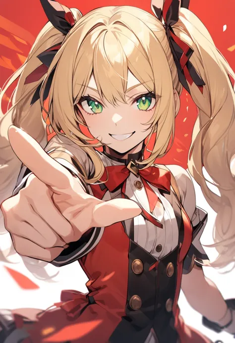 Blonde hair, pigtails, red ribbon, green eyes, smiling, finger pointing