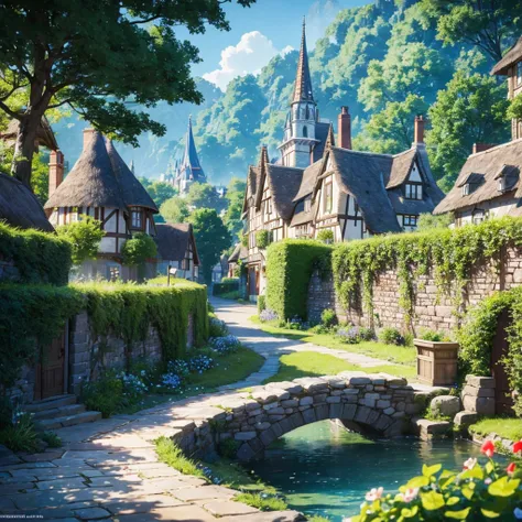 Transition Shot Prompt: "8K production, Pixar-Disney inspired works, ultra-high-definition image of the enchanting cobblestone streets and picturesque thatched-roof cottages of Ardenwood. Depict villagers in intricate and detailed costumes that symbolize a...