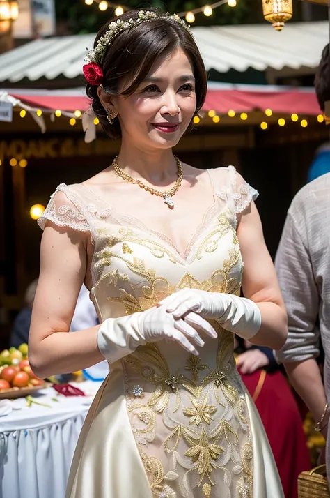 ((Masterpiece)), ((Best Quality)), A middle-aged short-hair woman, ((She is wearing an ornamental very short length wedding dress)), She is wearing gloves on her hands., outdoor, She is wearing a big necklace, She is in a fishers market.