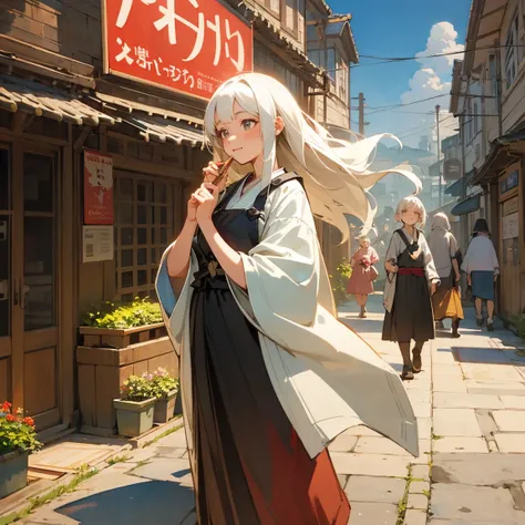 Illustrations for childrens picture books,realistic, detailed illustration,A serene town center with an elderly witch as the focal point. The witch has long white hair tied up and a kind, gentle expression. Shes holding up a sign that reads Happy Bento Sho...