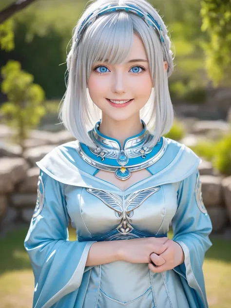 She has short platinum silver hair.、Beautiful young girl, Large bright pale blue eyes, A balanced perspective, And a kind smile, Wear a Nausicaä of the Valley of the Wind costume, Highly detailed and realistic, 8k, Very detailed, Realistic, Masterpiece