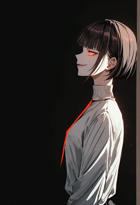 fully body,standing,alone,short hair,work of art,face detailed,beautiful young ,Wearing black pantyhose,tight white sweater  ,neckleace,evil smile,red eyes glowing,labiaa,eye shadow,bangs on the eyes,black gloves,from sideways,perfil from sideways
