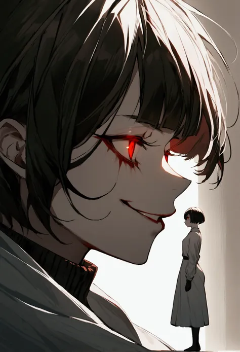 fully body,standing,alone,short hair,work of art,face detailed,beautiful young ,Wearing black pantyhose,tight white sweater  ,neckleace,evil smile,red eyes glowing,labiaa,eye shadow,bangs on the eyes,black gloves,from sideways,perfil from sideways
