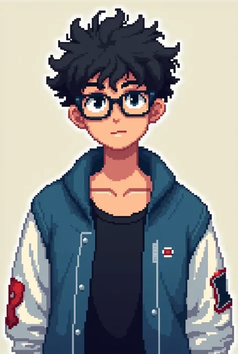 Pixel man with short curly black hair, wearing glasses and a black tank top with a blue and white jacket