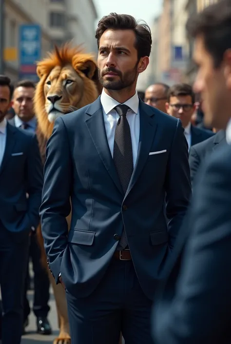 Businessman wearing nevy blue classic suit with background of lion wearing nevy blue classic suit, stands among people 