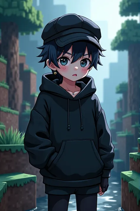 Make A Cute anime boy character wearing (black hoodie) with animated Minecraft background ulta black cap black hand glove black marks