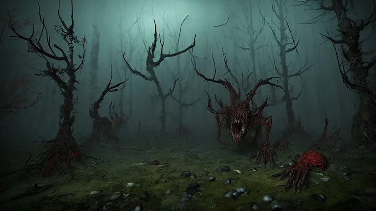 bloody forest,red monsters covered in blood,contaminated environment,terrifying atmosphere,haunting presence,dark shadows,ominous ambiance,foreboding backdrop,ominous mood,intense horror,menacing creatures,cruel nature,macabre scenery,bloody trails,stained...