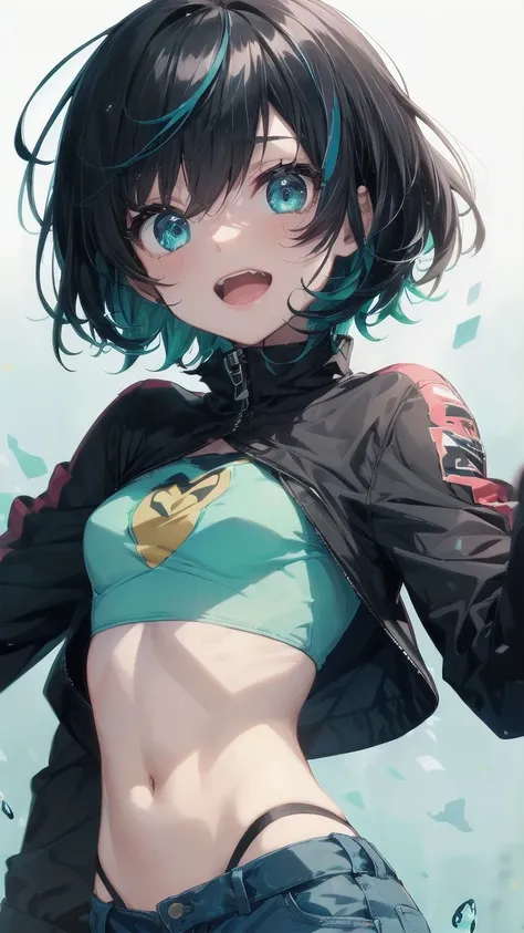 A close-up shot of a girl from a manga, with blue hair and a yellow shirt., 2D Animation, 2D Animation style, 2D Art, 2D Art, 2D from Gorillaz, 2D from Gorillaz, 2D Gorillaz, Screaming Cerket, 2D Sprite, Jinx Face, short hair, hot pants, Small breasts, ((B...