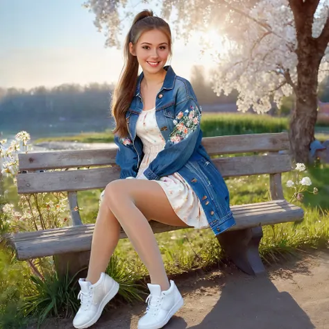 A beautiful European woman with BROWN hair, ponytail in a realistic acrylic art style, little smile, wearing 80´s summer dress, denin jacket, glossy tan tights, white legwarmers, and white high top sneakers, sitting on flowery florest scenario, cold mornin...