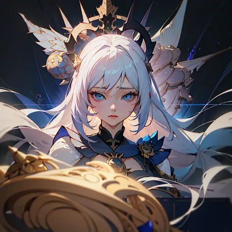 close-up captures a blue eye、white haired person, zodiac girl knight portrait, anime goddess, extremely detailed artistic germ, ...