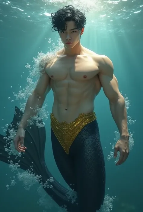 A young, beautiful, pretty, handsome, giant and muscular korean merman, No beard, realistic, masterpiece, high-quality, in the ocean, with some bubbles, a teenager, a student, black hair, gold eyes, big muscular chests, big muscular arms, a pitch-black fin...